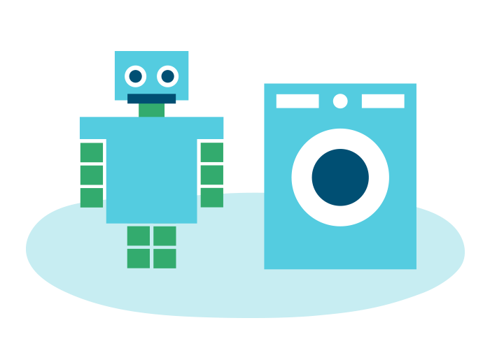 An illustration of a robot standing next to a washing machine. 