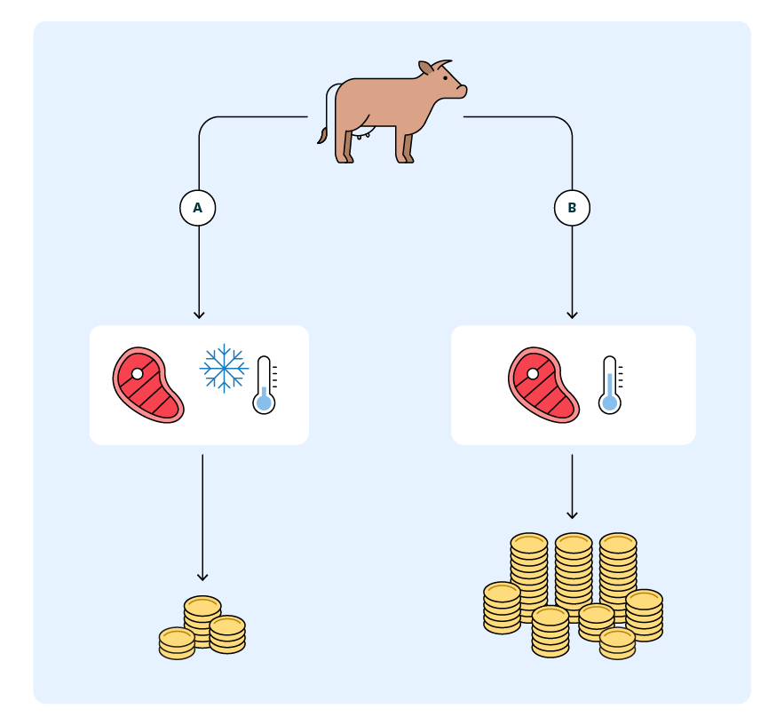 Un diagrama que muestra que las empresas pueden ganar más dinero vendiendo cortes de carne refrigerados en lugar de congelados.