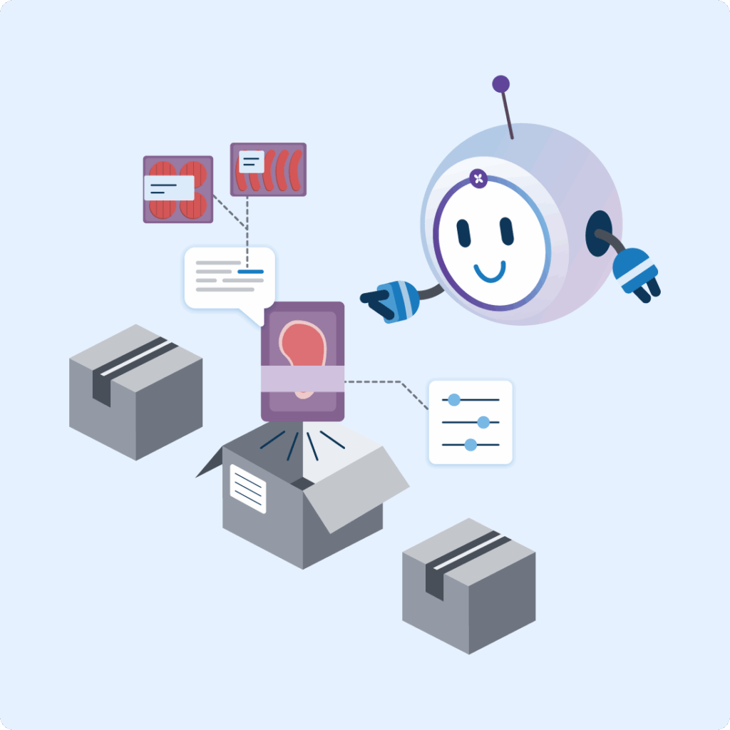Illustration d’un agent IA qui trie et étiquette des cartons de produits pour identifier des attributs et associer de nouveaux produits à des articles de référence.