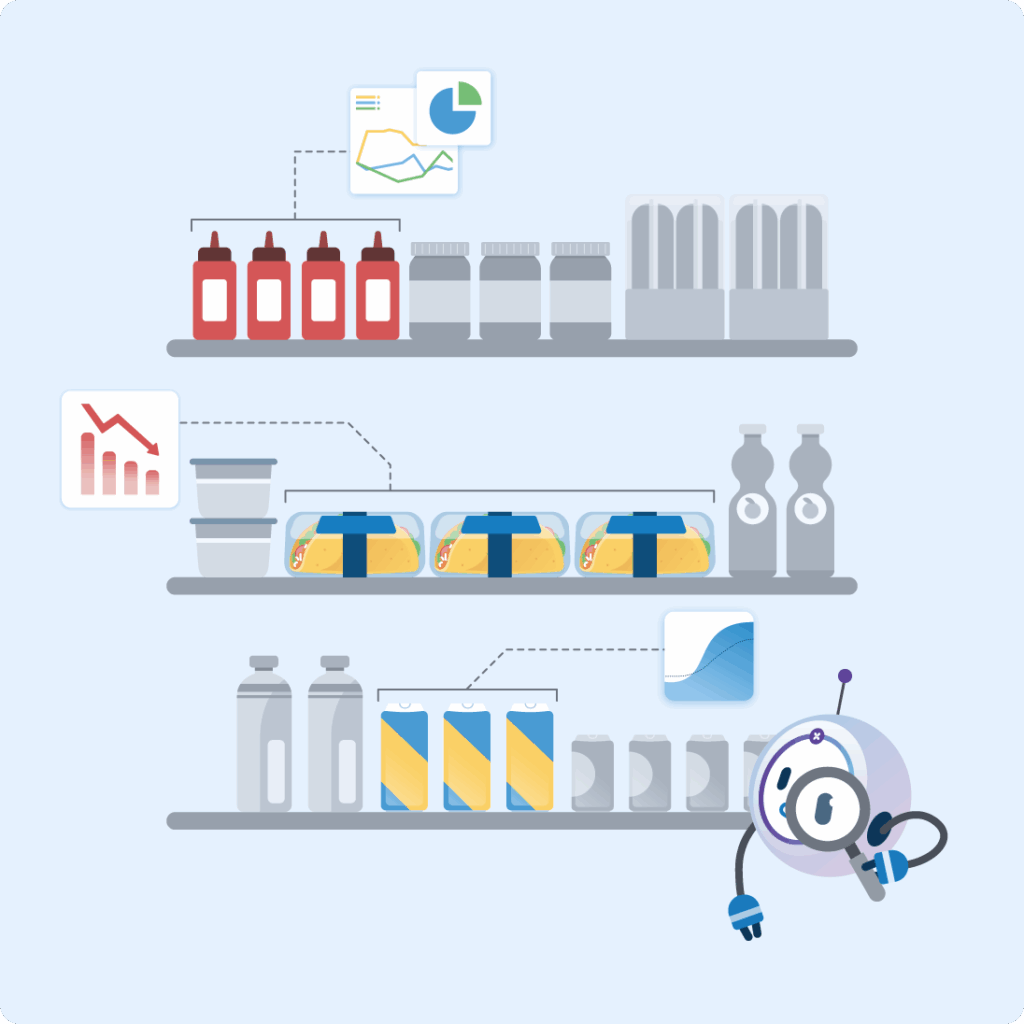 Illustration d’un agent IA qui analyse des rangées de produits en rayon et des données de prix pour produire des rapports de performance visuels.