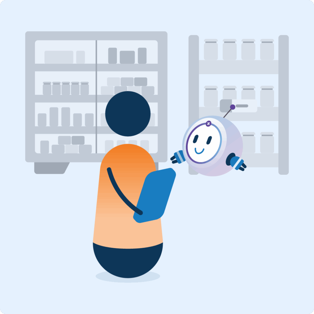 Illustration d’un agent IA qui assiste un collaborateur en magasin, devant un rayon garni, à l’aide d’un appareil mobile.